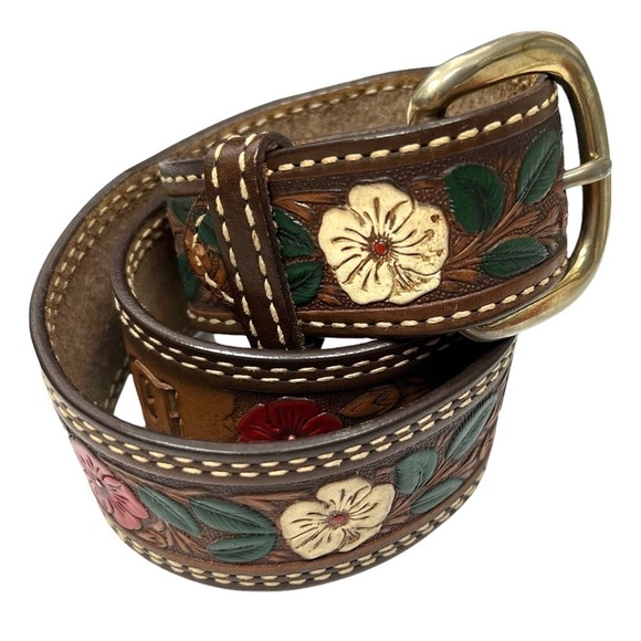 VINTAGE Belt Hand Tooled Leather “Debbie” Flowers Leaves Western Rodeo Texas - Picture 1 of 10